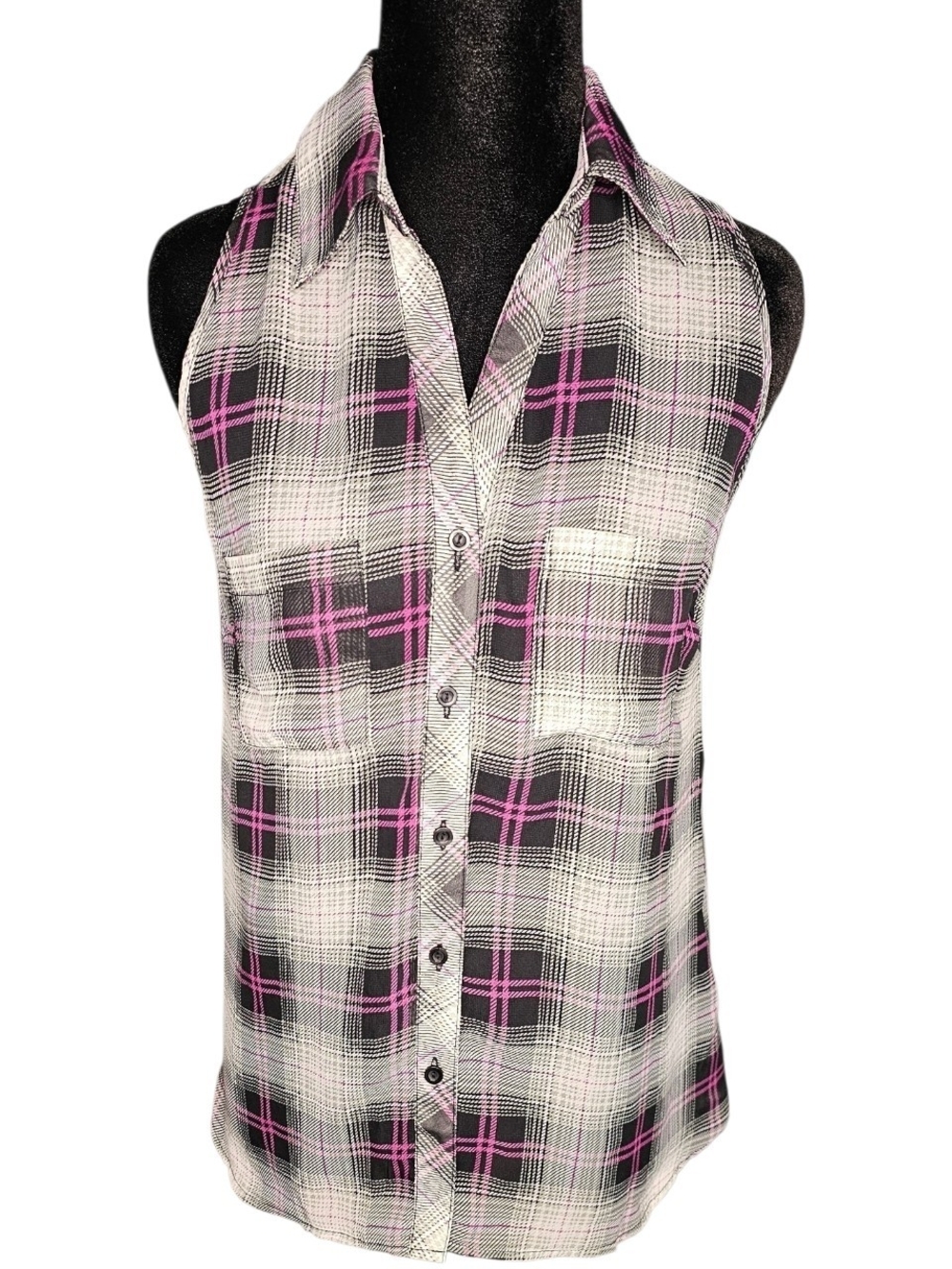 Dots Plaid Sleeveless Button Down Shirt Pink Black Size Small NWOT